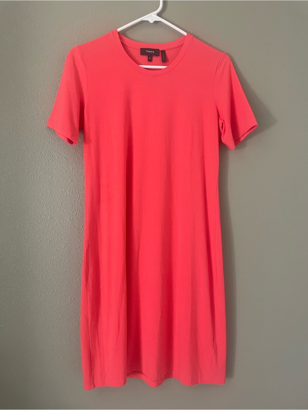 Theory Cherry Bright Neon Orange Pink Crew Neck T-Shirt Dress Size M